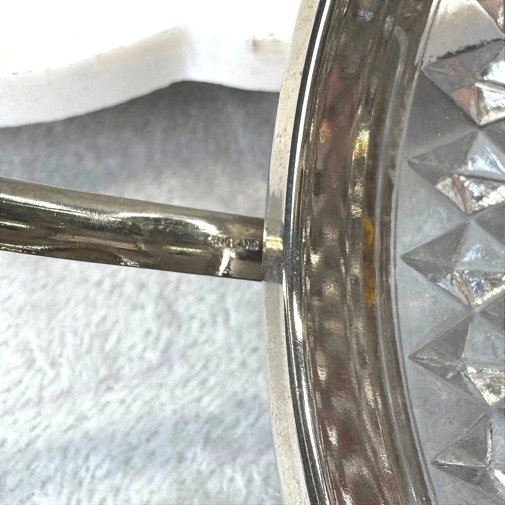 Vintage English Cut Glass Ice Bucket Silver Rim‎ Swing Handle Diamond Point Bar